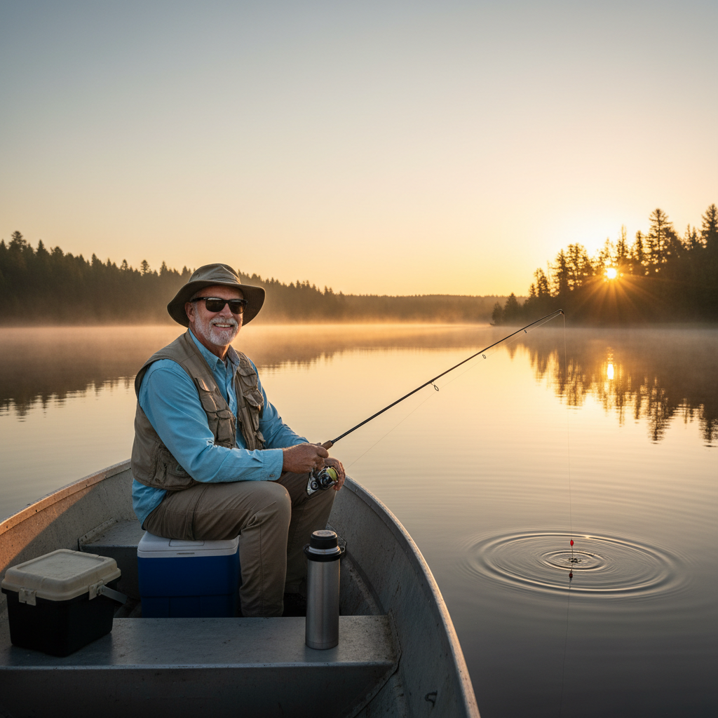 Happy older man fishing on calm lake at sunrise peaceful active retirement lifestyle photo