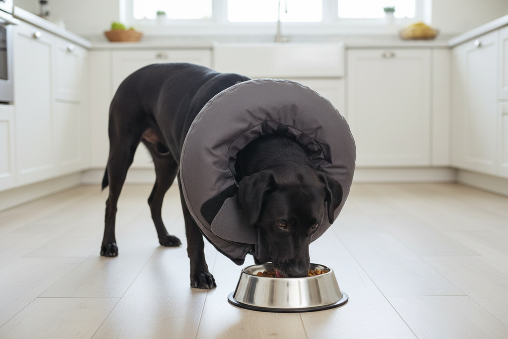 Dog wearing Vet Worthy Inflatable Protective Collar eating from food bowl — functional design allows eating and drinking during recovery