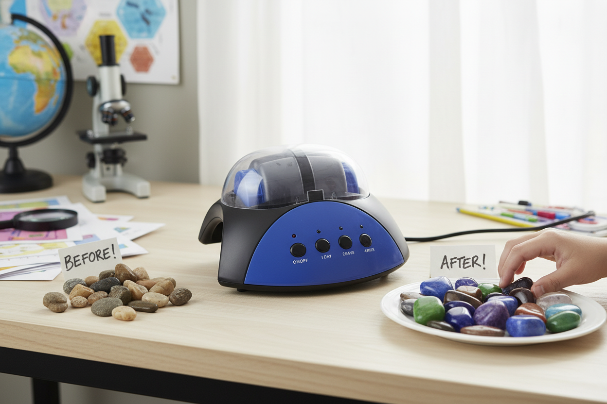 Maxx Explore Rock Tumbler on kids science desk with before and after display of rough rocks and polished gemstones