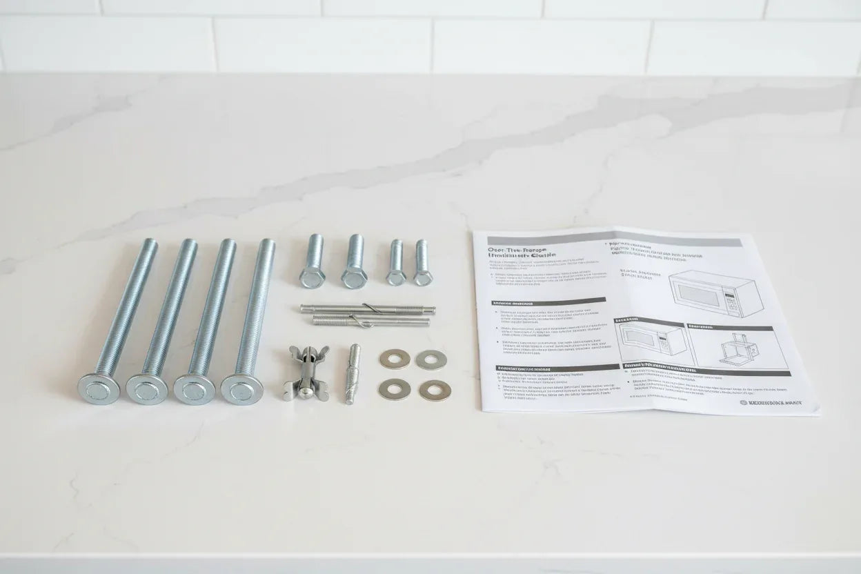 Microwave mounting hardware and bolts laid out beside installation instructions in modern kitchen
