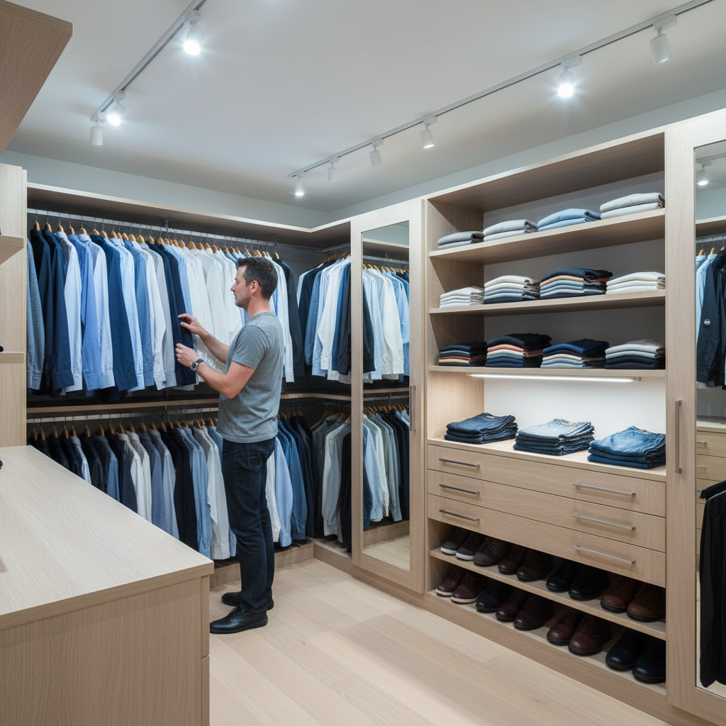 Man browsing clothes in an organized walk-in closet with cool white LED bar lighting mounted under a shelf