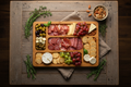 Beautiful charcuterie spread with meats, cheeses, olives and crackers arranged on a bamboo board on a rustic wooden table