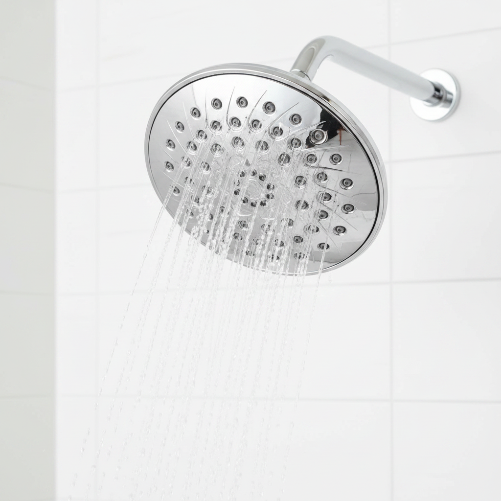 Close-up of Pfister Arterra polished chrome shower head with water spraying from multiple nozzles.