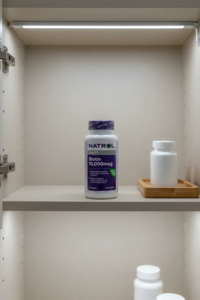 Natrol Biotin bottle on modern neutral medicine cabinet shelf bright interior lighting