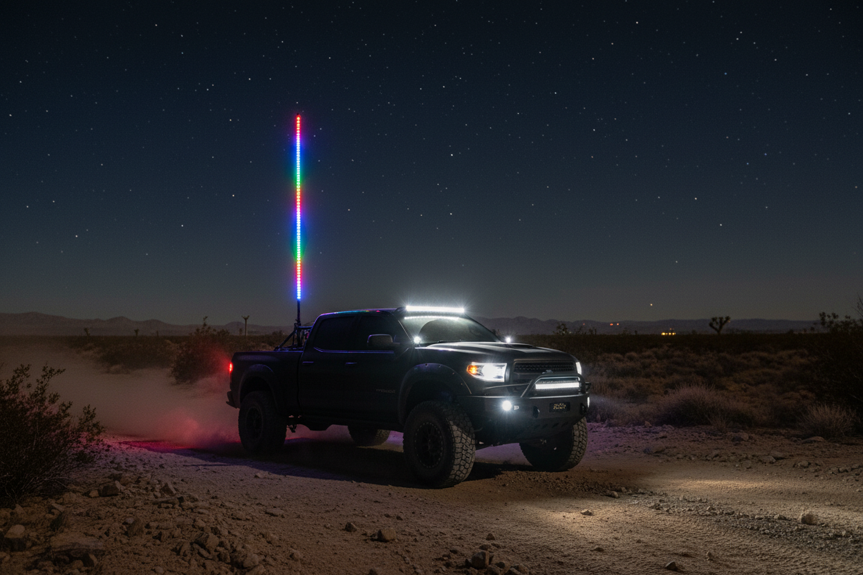 Alpena Brite Whip Flo multicolor LED whip light mounted on black pickup truck at night — flowing rainbow LED colors for off-road trucks and SUVs