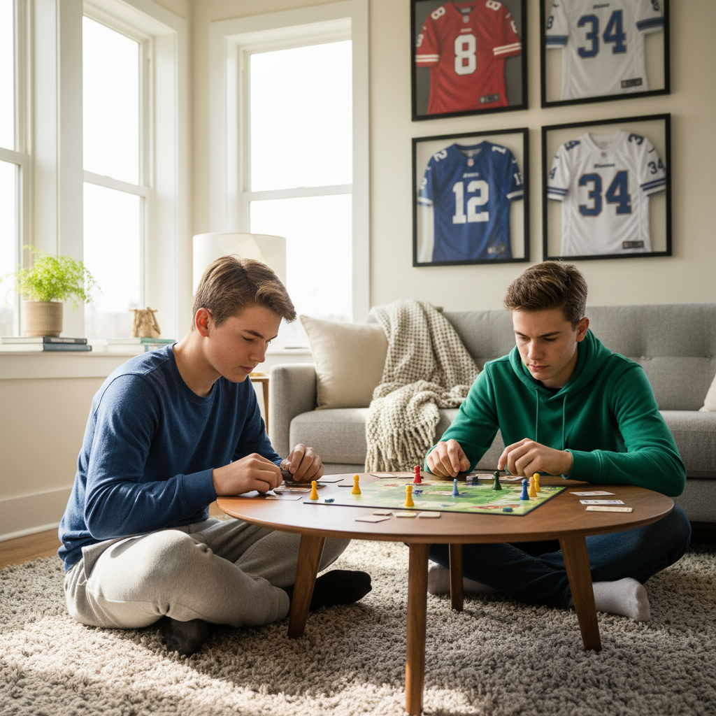 Two teenage boys playing a deduction board game on the living room floor with NFL jerseys in the background