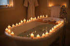 Soft flickering candlelight glow reflecting on a relaxing home bathtub filled with water, spa-like atmosphere