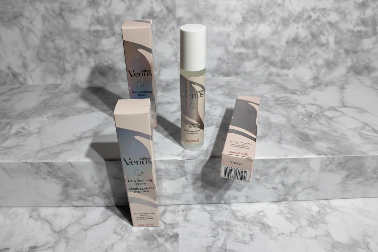 Professional flatlay of three Gillette Venus Daily Soothing Serum bottles with retail cartons on white marble in bright natural daylight