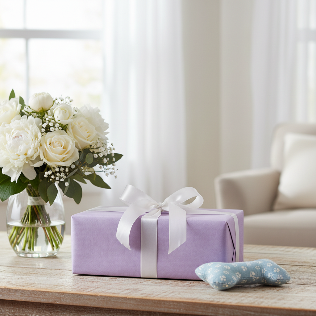 Lavender gift box with ribbon bow on wooden table beside white flowers and dog toy lifestyle photo