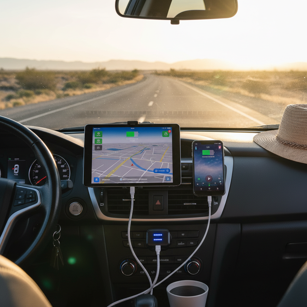 Road trip scene with Case Logic Dual USB Car Charger charging tablet and smartphone on open highway — More4less Outlet