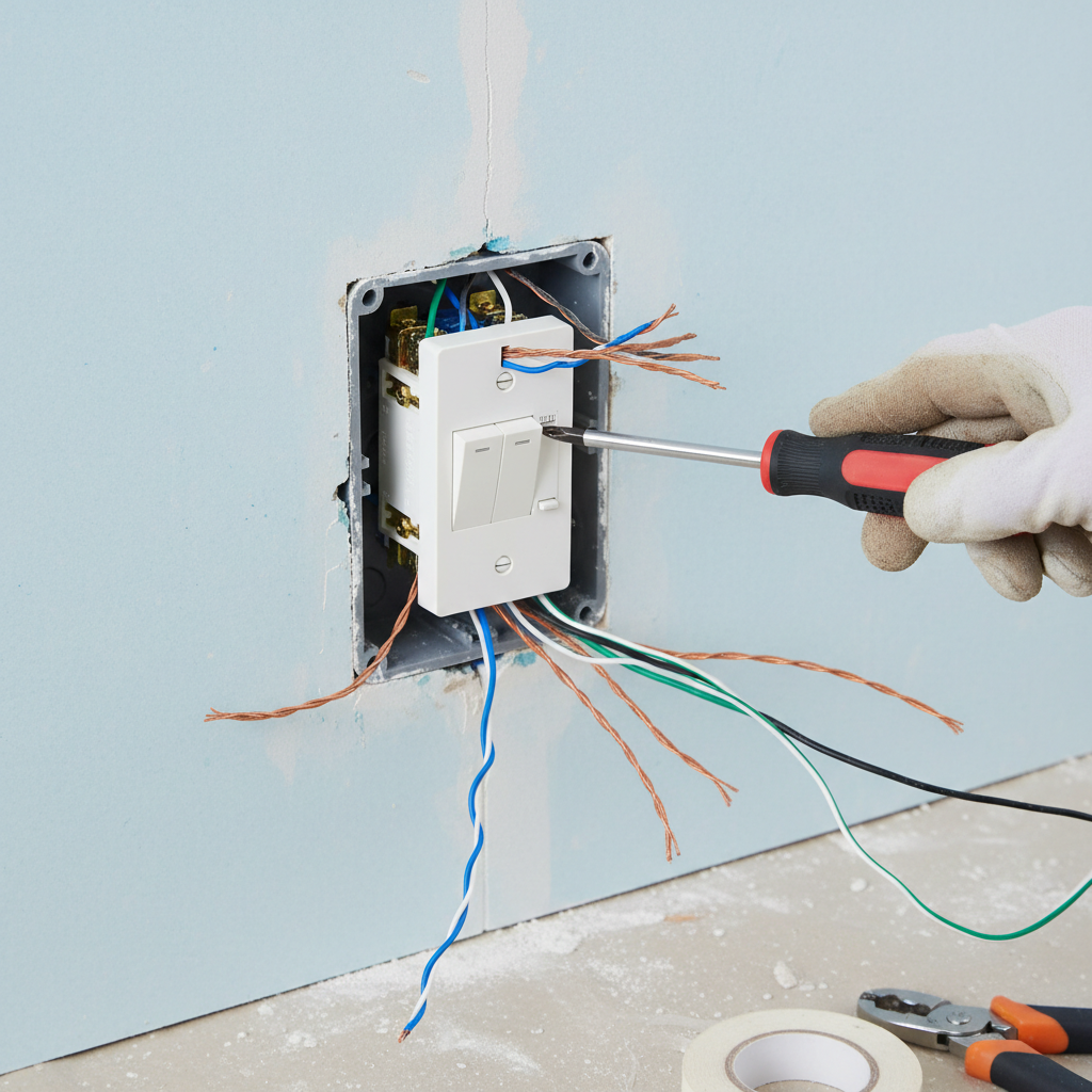 Electrician connecting copper wires to multi-function wall switch terminals in junction box