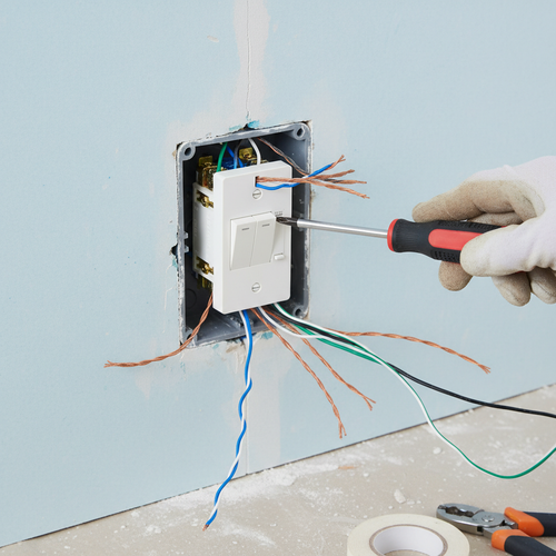 Electrician connecting copper wires to multi-function wall switch terminals in junction box