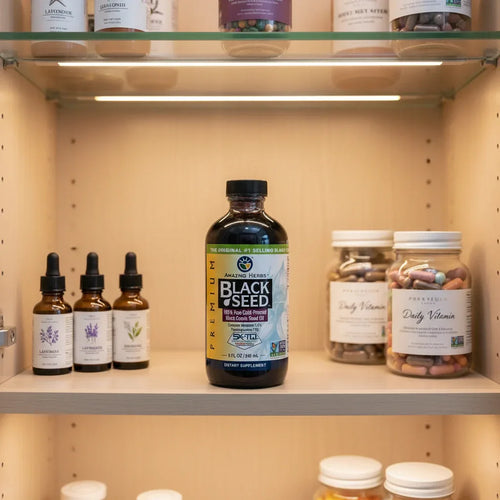 Amazing Herbs Black Seed Oil bottle in bathroom wellness cabinet with premium glass essential oils and vitamins
