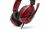 Turtle Beach Recon 70 red headset close-up showing 40mm ear cup, Turtle Beach logo, and flip-up microphone arm — More4less Outlet