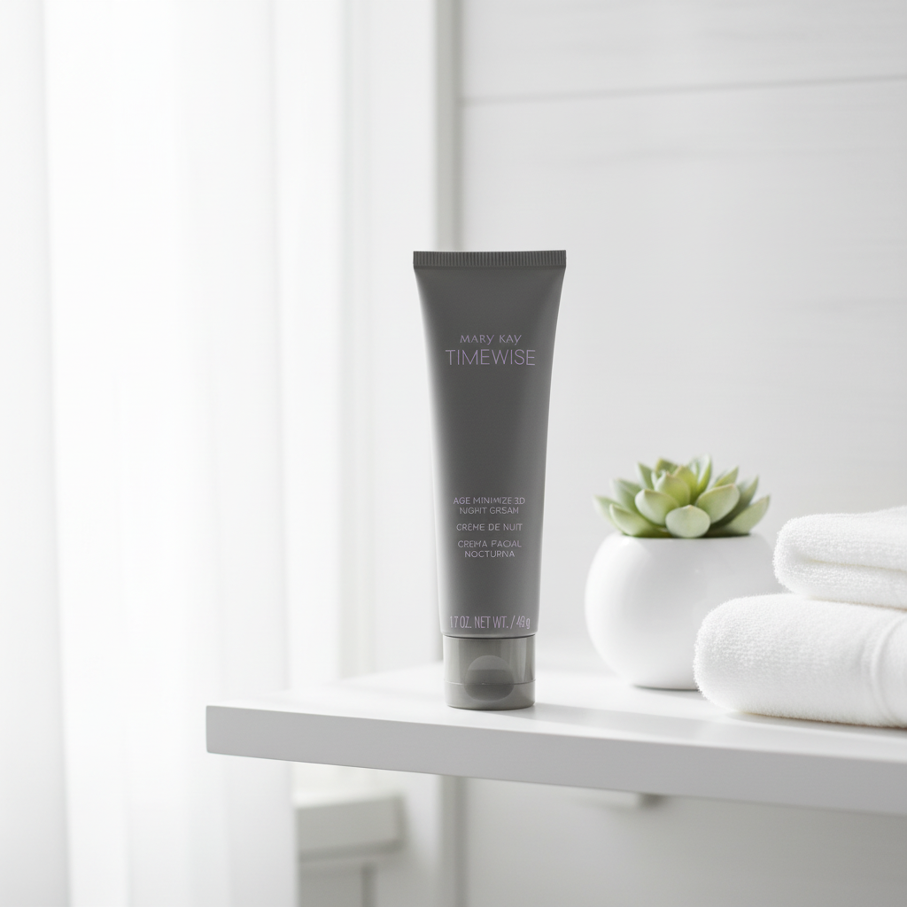 Mary Kay TimeWise Age Minimize 3D Night Cream on white bathroom shelf soft diffused light minimalist beauty – More4less Outlet