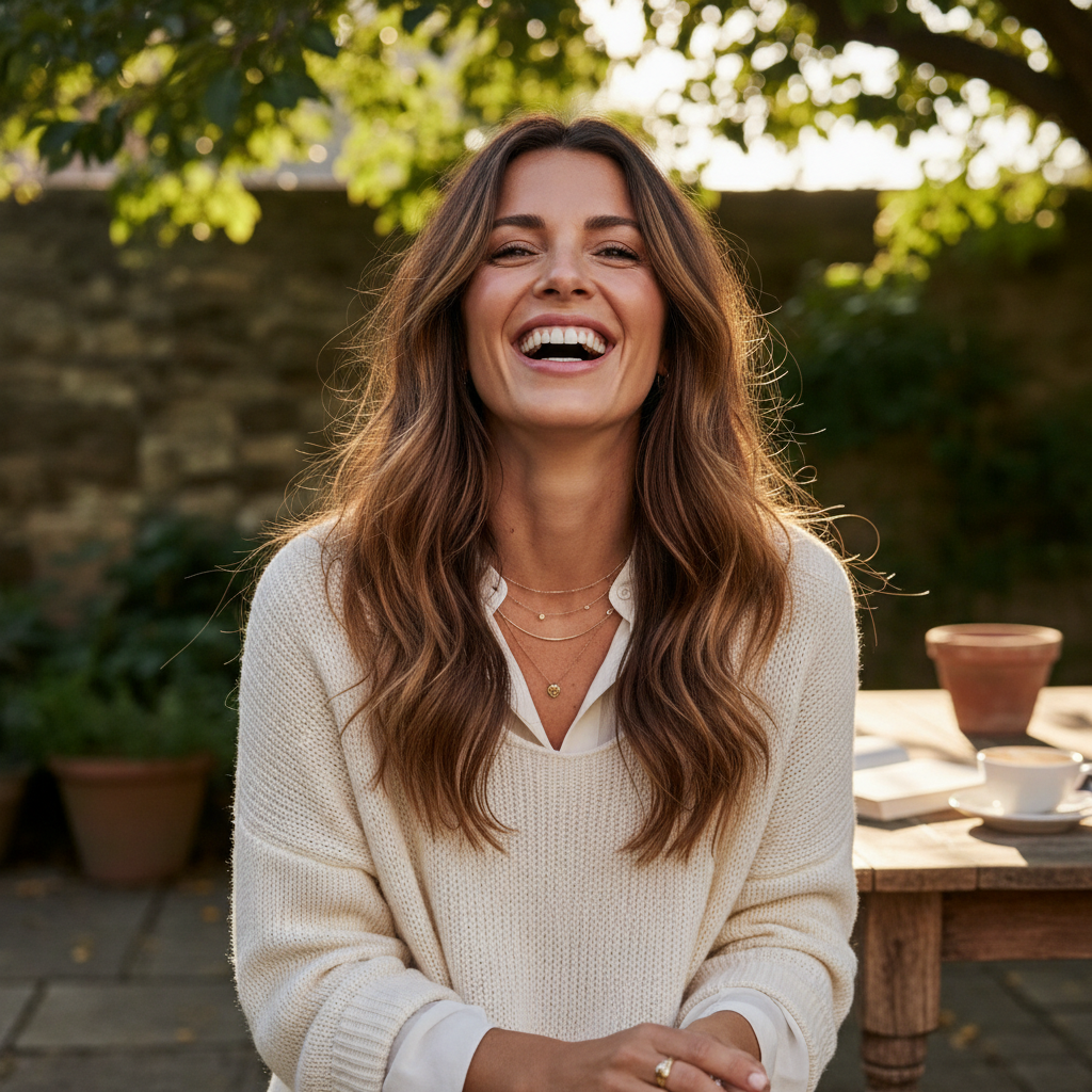 Stylish woman with relaxed, effortlessly textured hair laughing outdoors