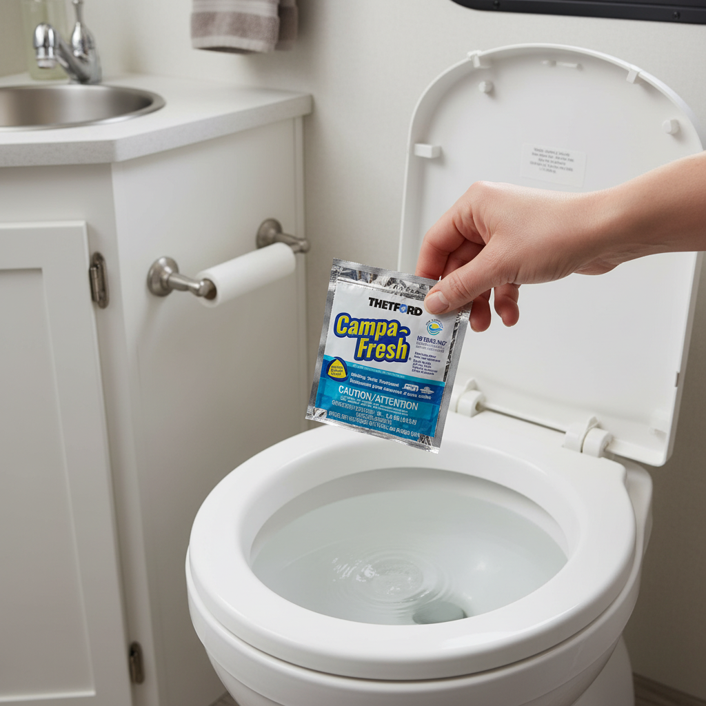 Thetford Campa Fresh toss-in packet being dropped into RV portable toilet - easy to use - More4less Outlet