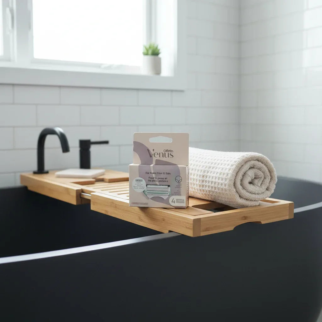 Gillette Venus Pubic Hair & Skin Refill Cartridges 4ct on wooden bathtub tray with waffle-knit towel and dark porcelain tub