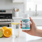Person holding NutriCology Zinc Citrate 25 in kitchen with citrus fruit and water – More4less Outlet