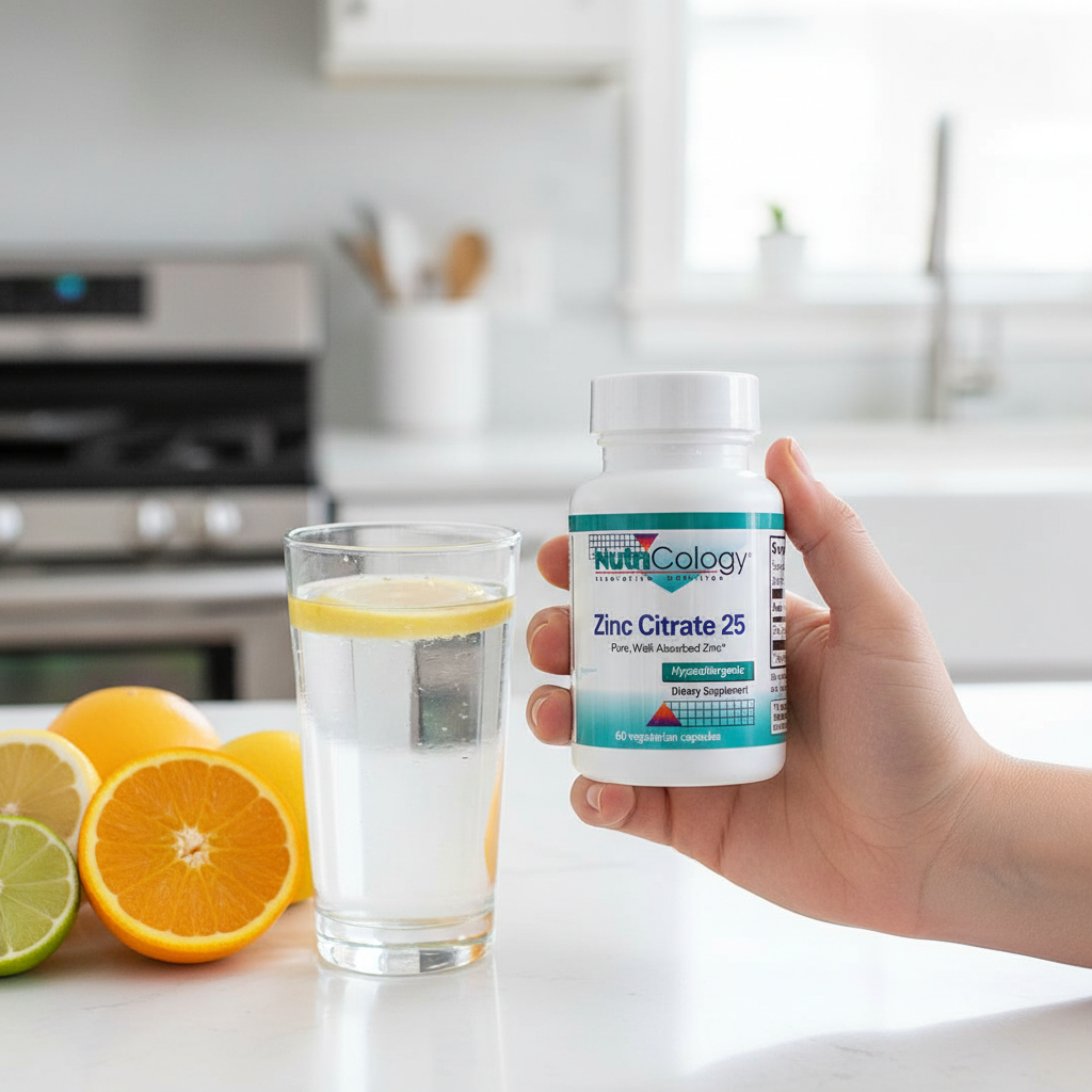 Person holding NutriCology Zinc Citrate 25 in kitchen with citrus fruit and water – More4less Outlet