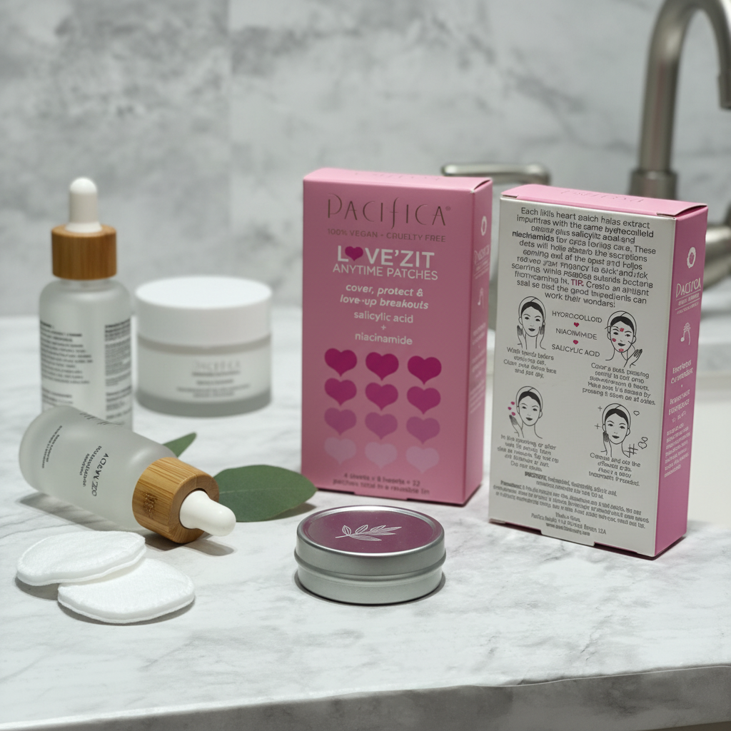 Vegan acne patch pink box beside reusable tin and skincare essentials on white marble bathroom counter – More4less Outlet
