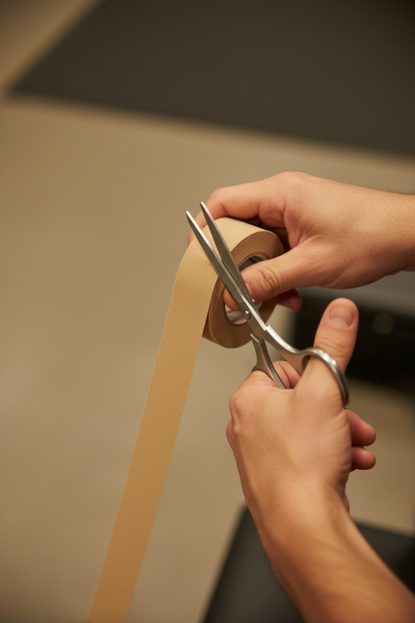 KT Tape Pro Beige Stealth uncut roll being cut to custom length with scissors by athlete