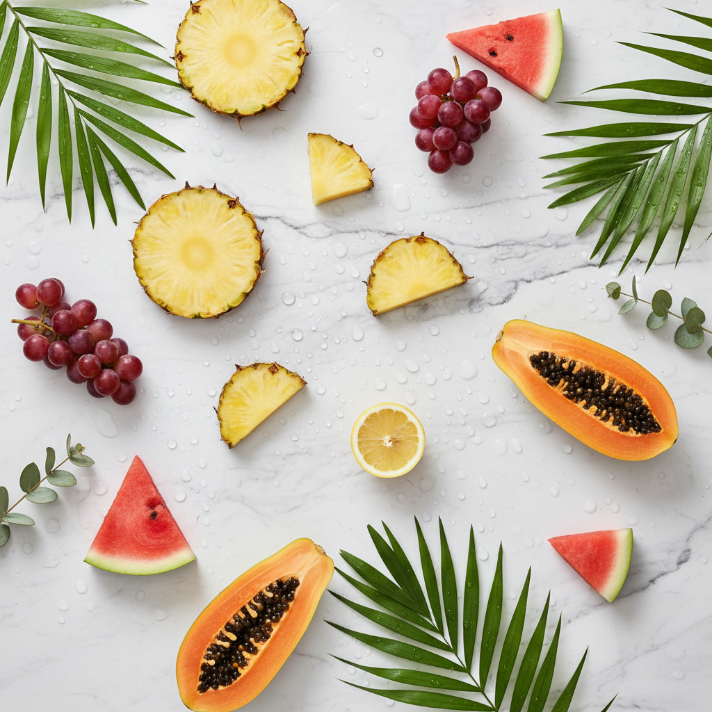 Flat-lay of fresh AHA fruit ingredients — pineapple, papaya, lemon, grapes, and watermelon — on white marble