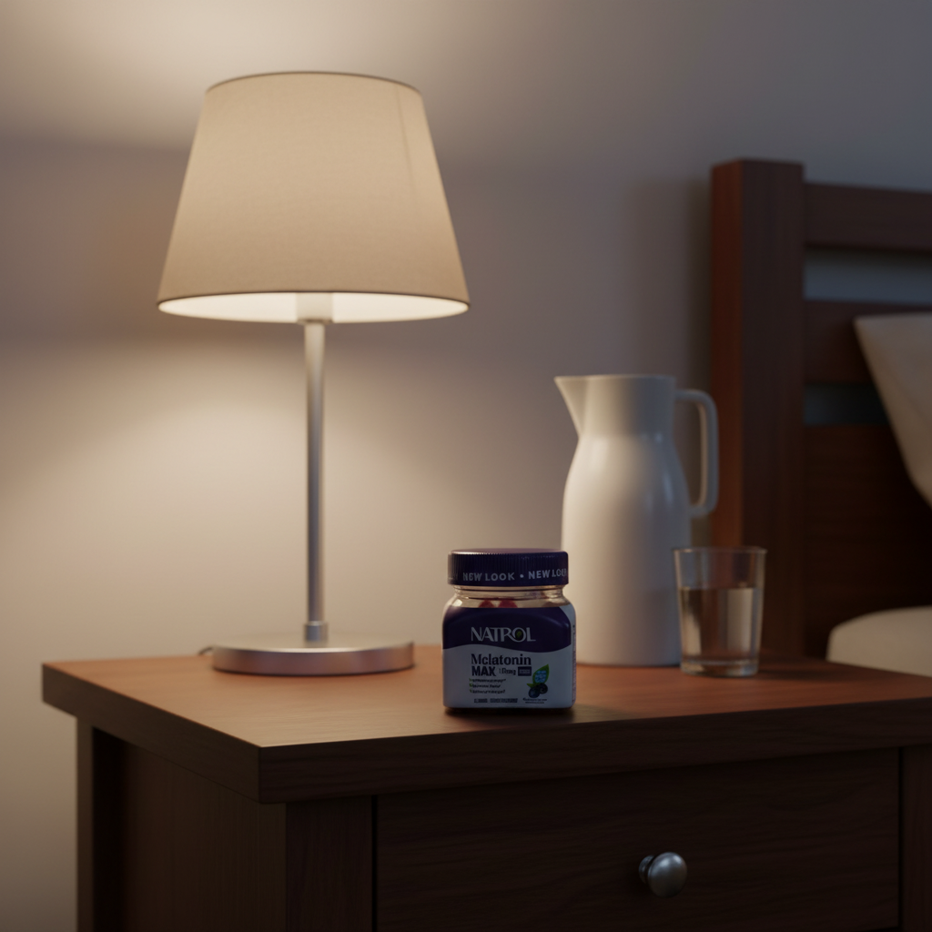 Natrol Melatonin MAX 10mg on dark wood nightstand next to modern dim-lit lamp and ceramic carafe of water