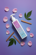 Pacifica Dream Moon Body Lotion flat lay with pink rose petals patchouli leaves and sandalwood sticks