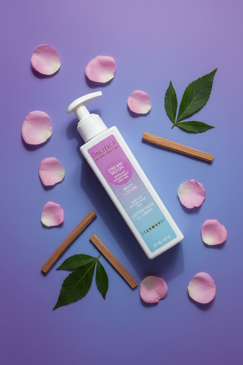 Pacifica Dream Moon Body Lotion flat lay with pink rose petals patchouli leaves and sandalwood sticks