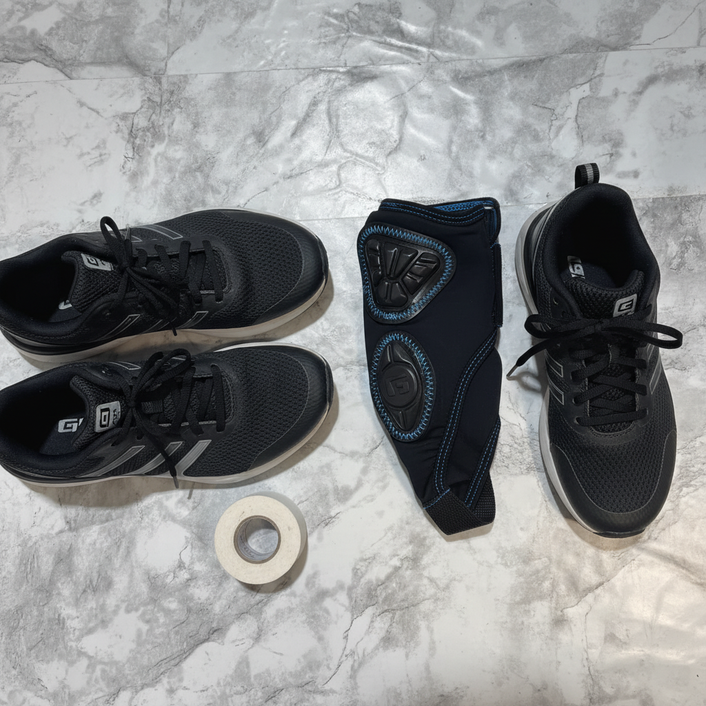 G-Form Pro Ankle Guards L/XL flat lay on gym floor with athletic shoes and sports tape
