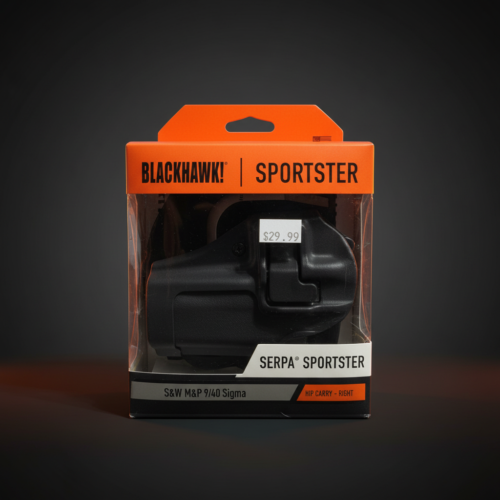 Blackhawk SERPA Sportster black holster dark charcoal editorial with orange accent lighting – More4less Outlet