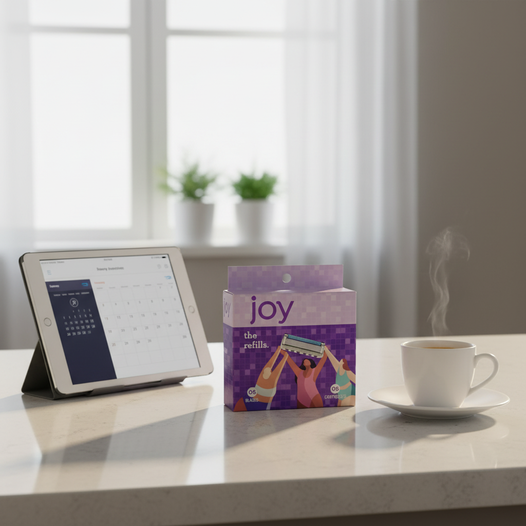 Joy 5-Blade Razor Refills 8ct on modern countertop next to tablet and morning espresso cup
