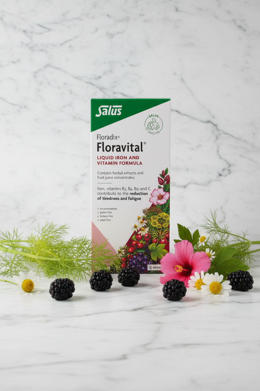 Salus Floradix Floravital Liquid Iron and Vitamin Formula 500ml retail box on white marble with green and red botanical props, blackberries, fennel, hibiscus and chamomile flowers, minimalist studio photography – More4less Outlet