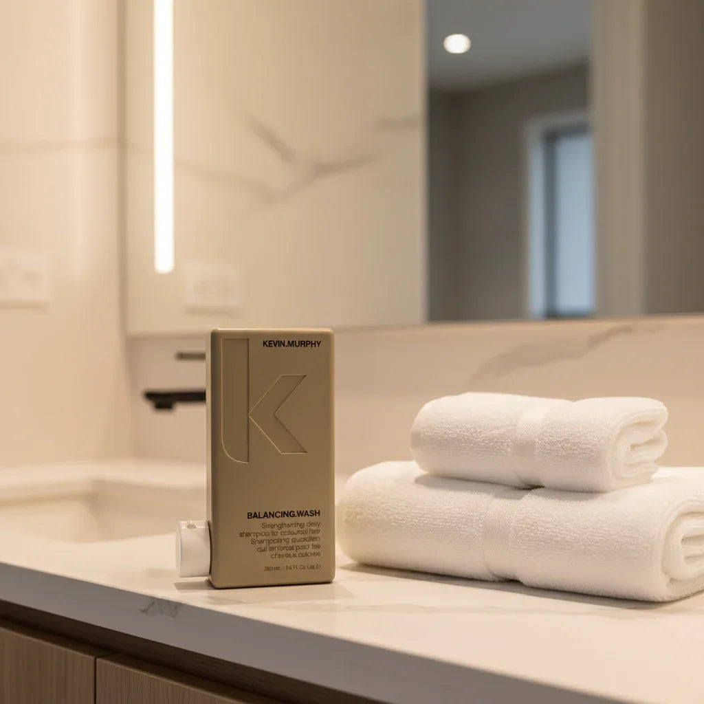 Kevin Murphy Balancing.Wash on modern bathroom vanity with folded luxury Egyptian cotton white towels