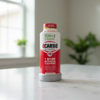Herbal Clean QCarbo 16 red and white bottle in soft natural window light on white quartz countertop – More4less Outlet