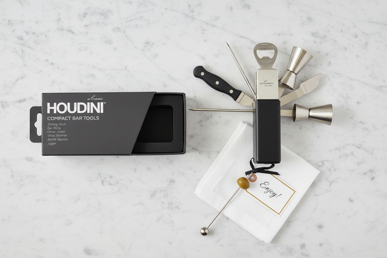 Houdini 6-Piece Compact Bar Tool Set gift flatlay on white marble with retail box and cocktail napkin - More4less Outlet