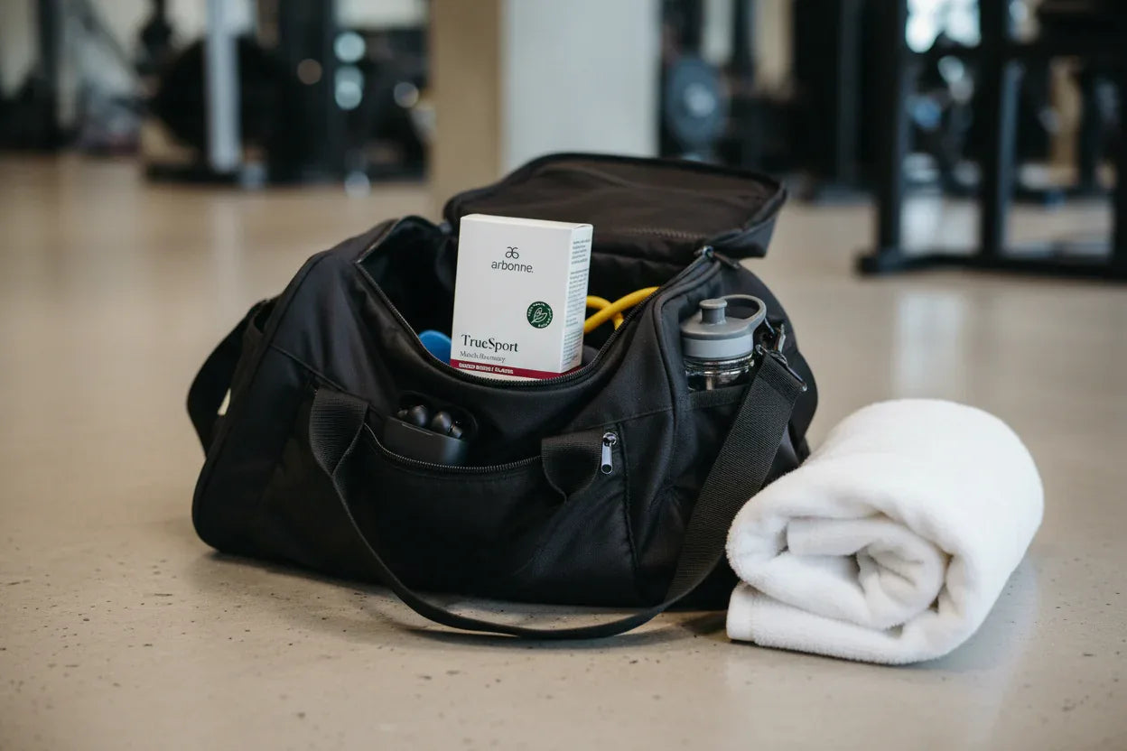 Arbonne TrueSport Muscle Recovery box in gym bag setup on neutral surface with folded towel