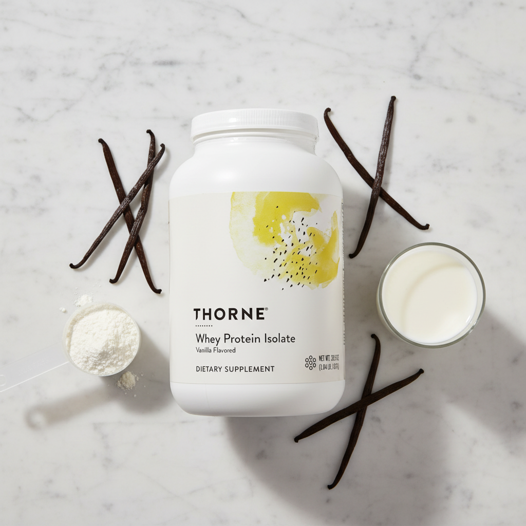 Overhead flat lay of the white Thorne Whey Protein Isolate tub surrounded by vanilla beans, a measuring scoop with protein powder, and a glass of milk on white marble.
