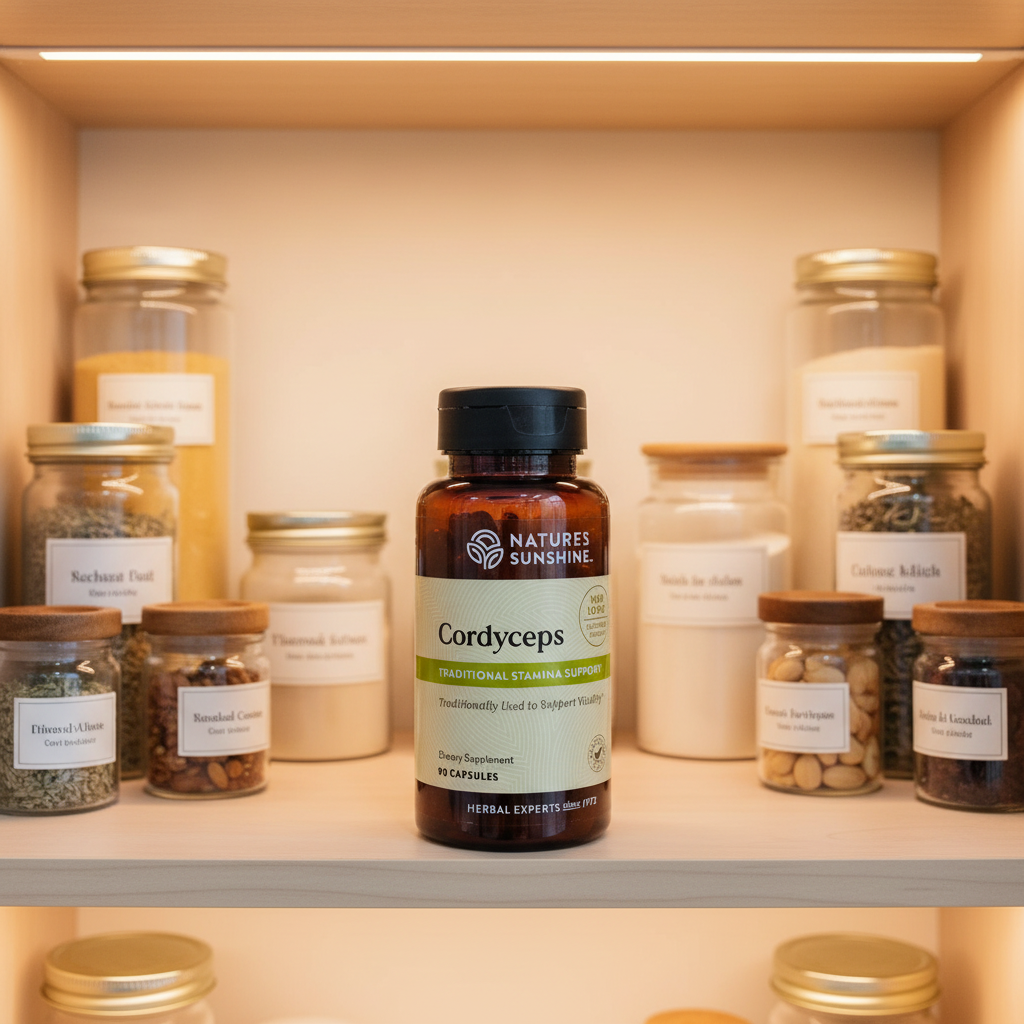 Nature's Sunshine Cordyceps bottle inside organized family health pantry with soft interior cabinet lighting and clear glass supplement canisters