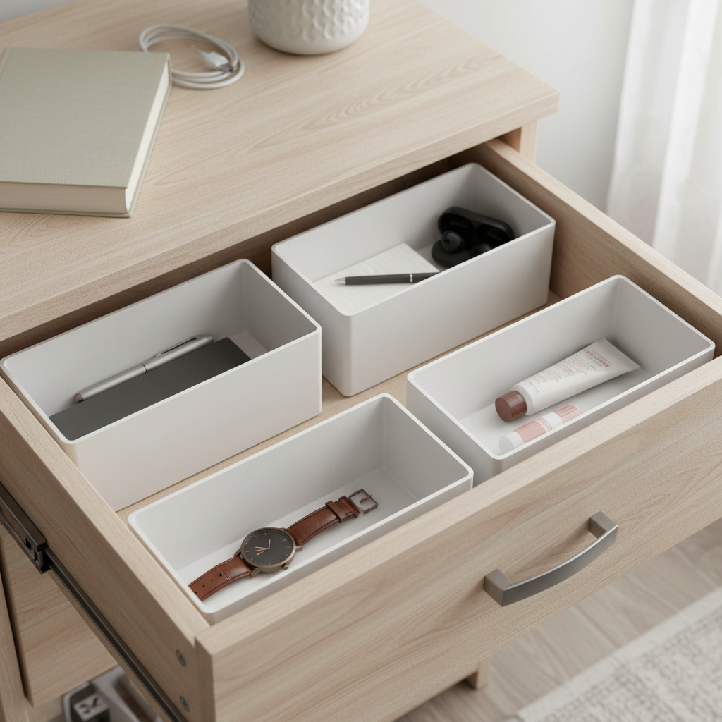 AI-generated illustrative bedside-drawer context showing four organizers; not the actual stocked item.
