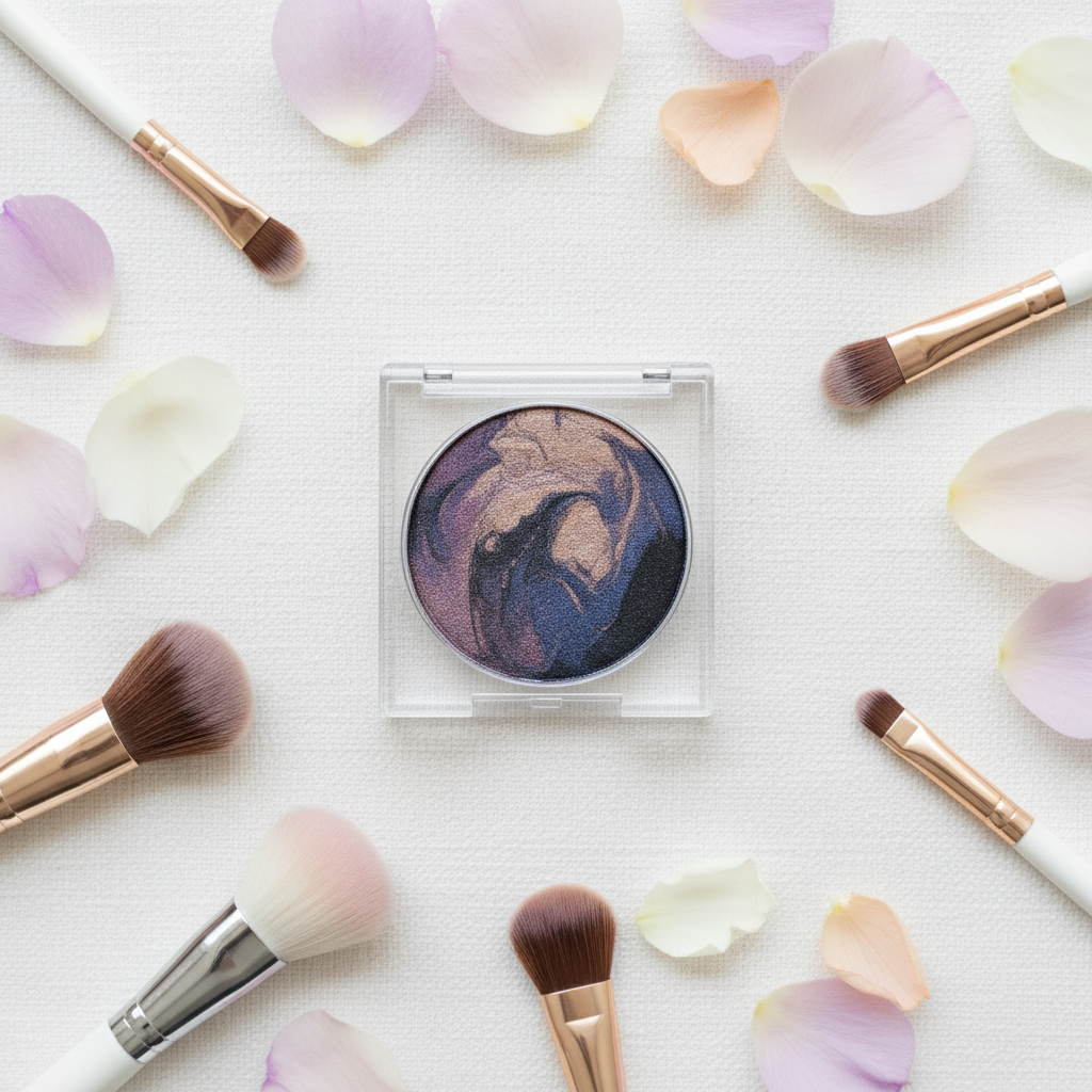 Mary Kay At Play Baked Eye Trio compact flat lay with brushes and flower petals on white linen