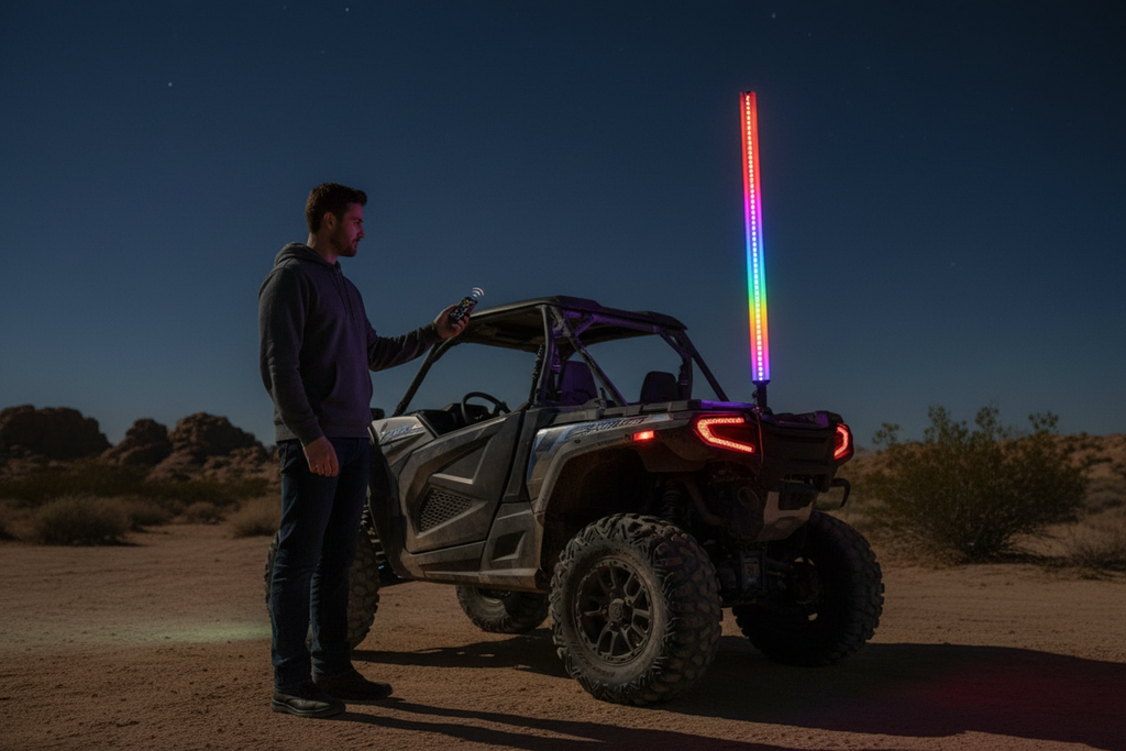 Person using wireless remote to change color on Alpena Brite Whip Flo LED whip light on ATV — 120 LEDs with wireless remote color control