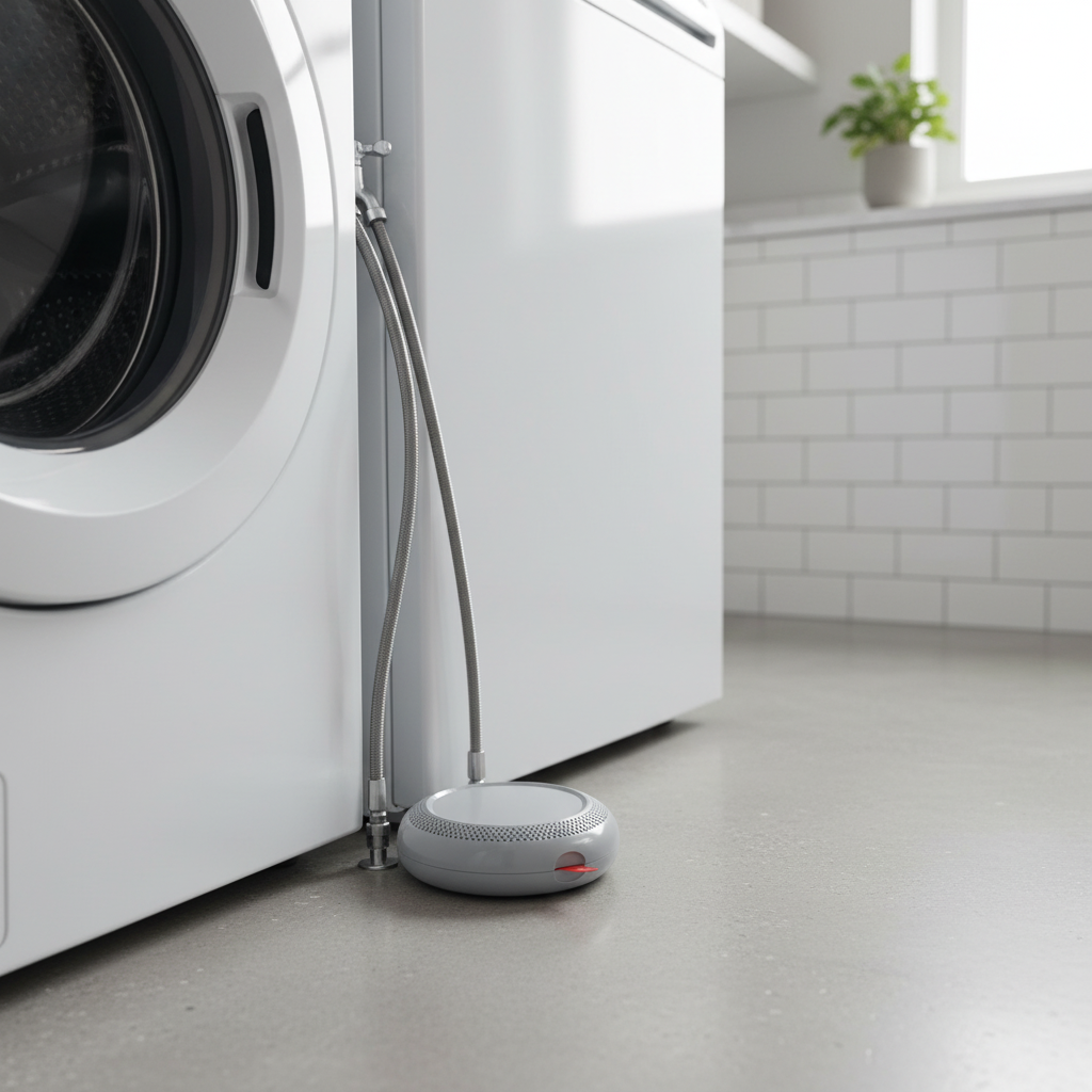 Roost Protection360 water sensor placed next to washing machine water intake lines in laundry room