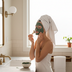Woman applying a detox face mask in a bright clean bathroom with soft natural light