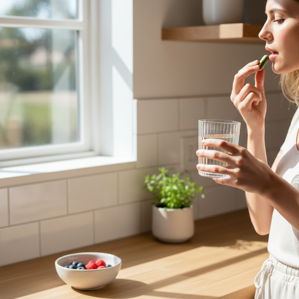 Person taking a vegetarian supplement capsule with morning water in a bright modern kitchen