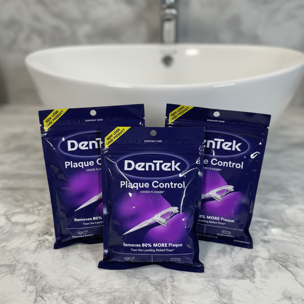 DenTek Plaque Control Cross Flosser 75-count three-bag pack beside a bathroom sink