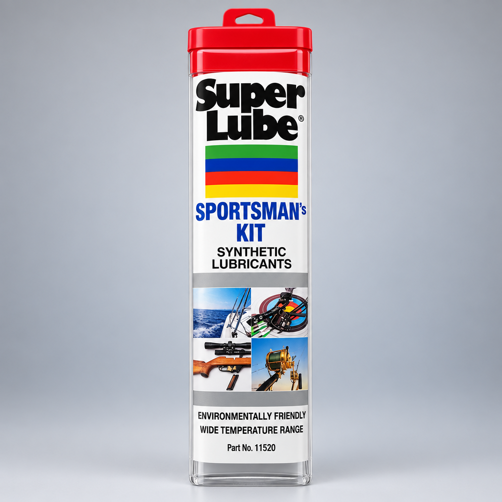Super Lube Sportsman's Kit Synthetic Lubricants 11520 travel tube studio product shot. At least one real product photo taken by Chad is included in the gallery. Remaining images are AI-generated lifestyle photos for visual context only. Minor label or packaging variation may occur between matching stocked units.