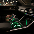 LED cup holder accent light glowing green SUV cup holder hand holding wireless remote road trip nighttime lifestyle - More4less Outlet
