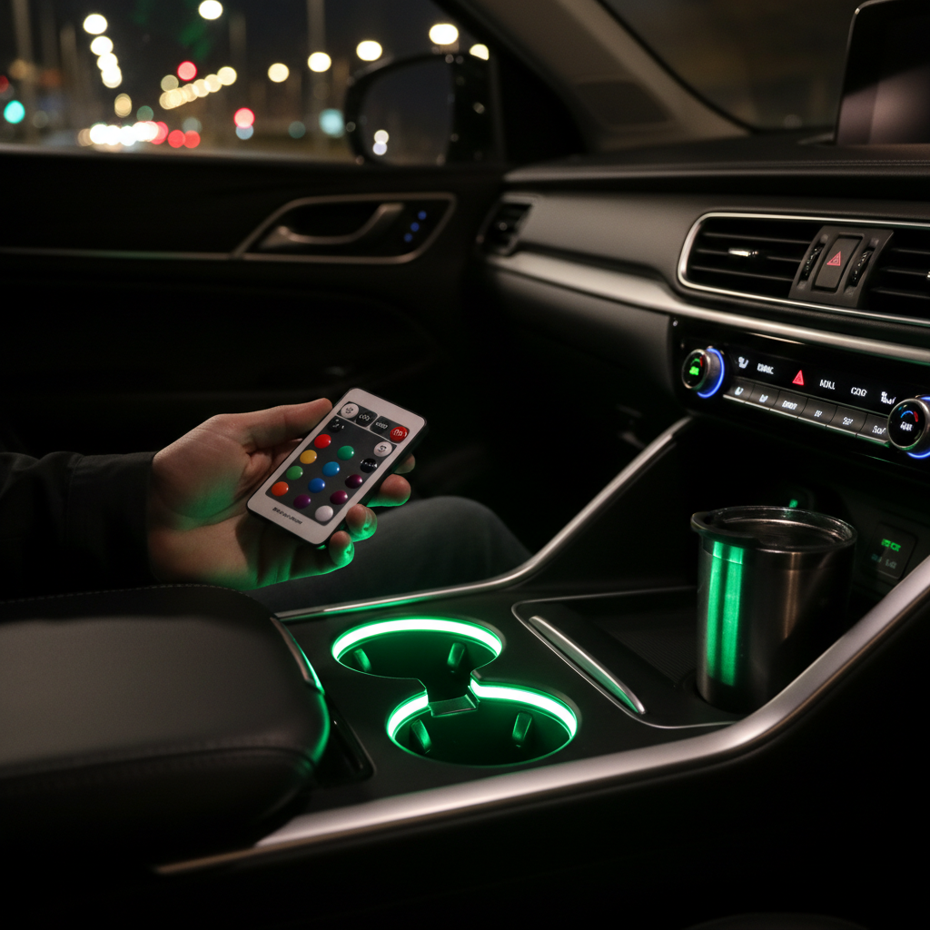 LED cup holder accent light glowing green SUV cup holder hand holding wireless remote road trip nighttime lifestyle - More4less Outlet